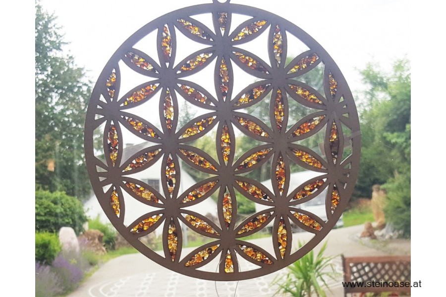 Fensterbild Suncatcher Bernstein - BLUME des LEBENS & Ø 20cm